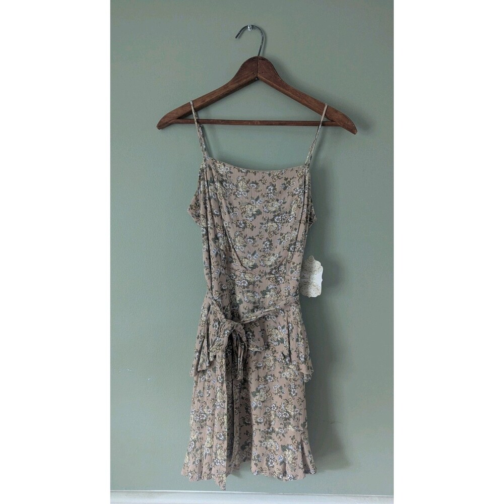 Altard State Floral Mini Dress Small NWT Beige Green Ruffle Tie Waist Spaghetti